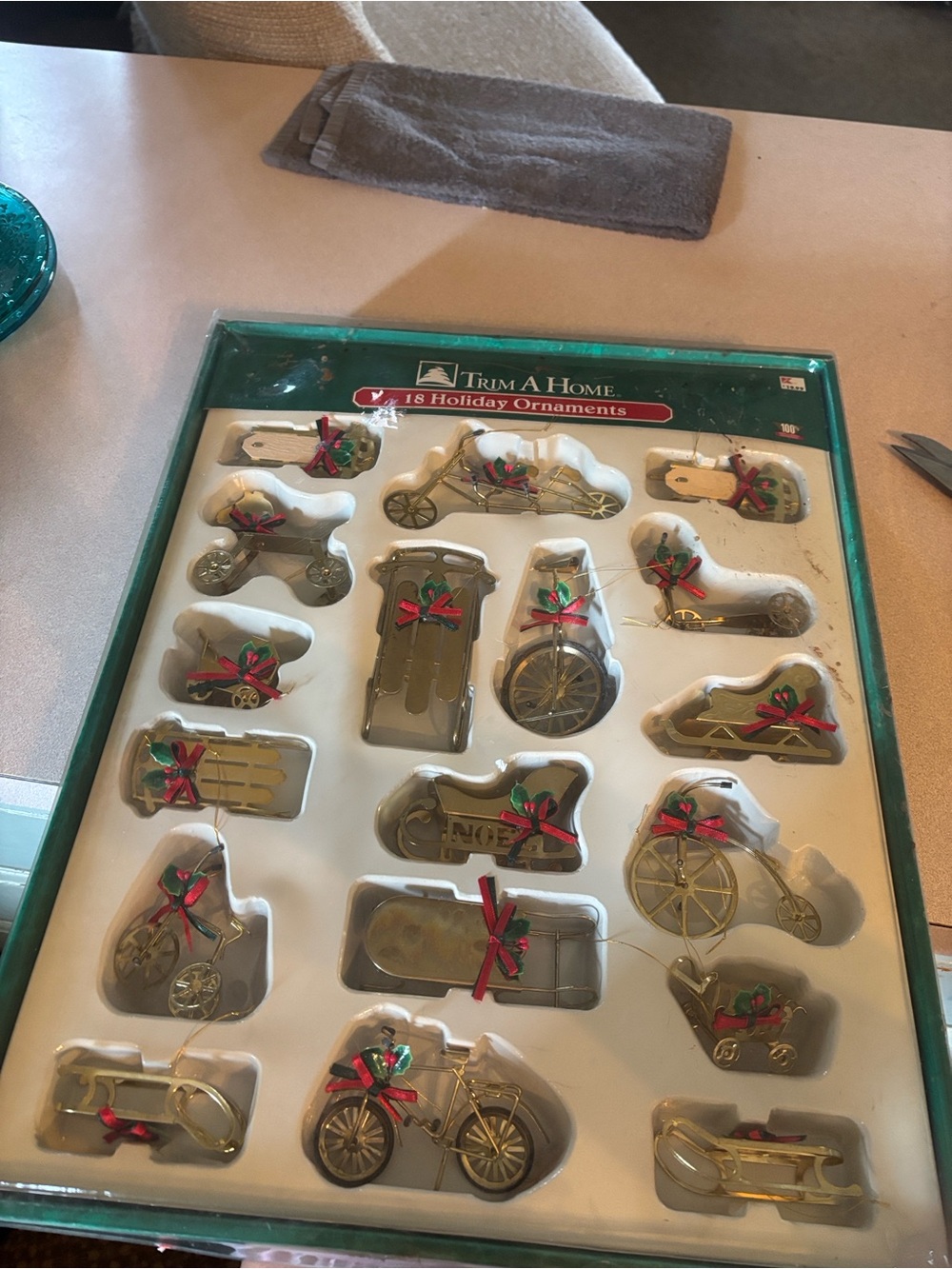 Trim A Home Gold Holiday Ornament Set with Red Ribbon Accents